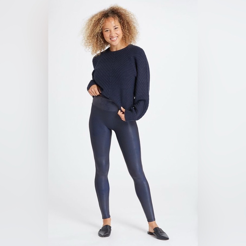 SPANX Faux Leather Leggings in Navy Blue